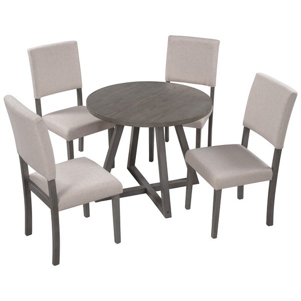 Wood 5-Piece Kitchen Dining Table Set，Gray Table + Beige Chair