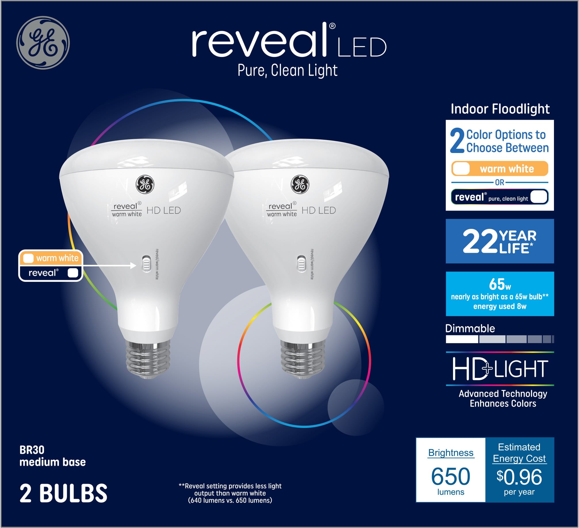 GE Color Select LED 65 Watt Eqv BR30 Indoor Floodlight Bulbs， Reveal or Warm White， 2pk