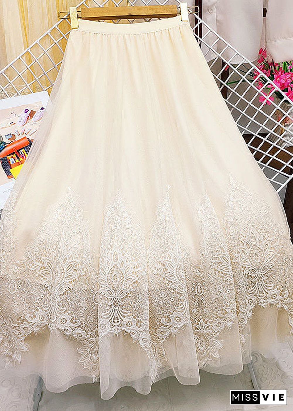 Bohemian Apricot Asymmetrical Patchwork Lace Tulle Skirt Summer