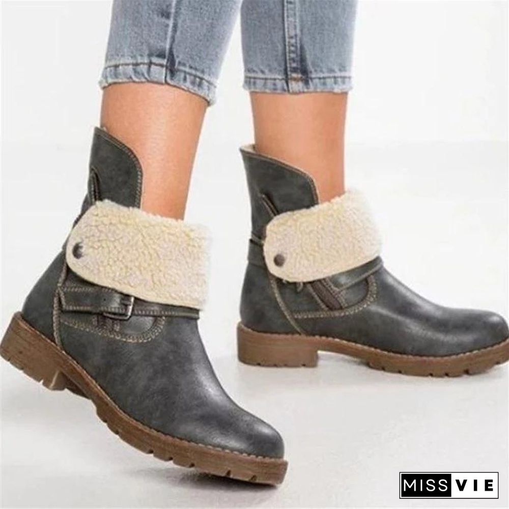 WOMENS LOW HEEL ZIPPER ANKLE SNOW BOOTS