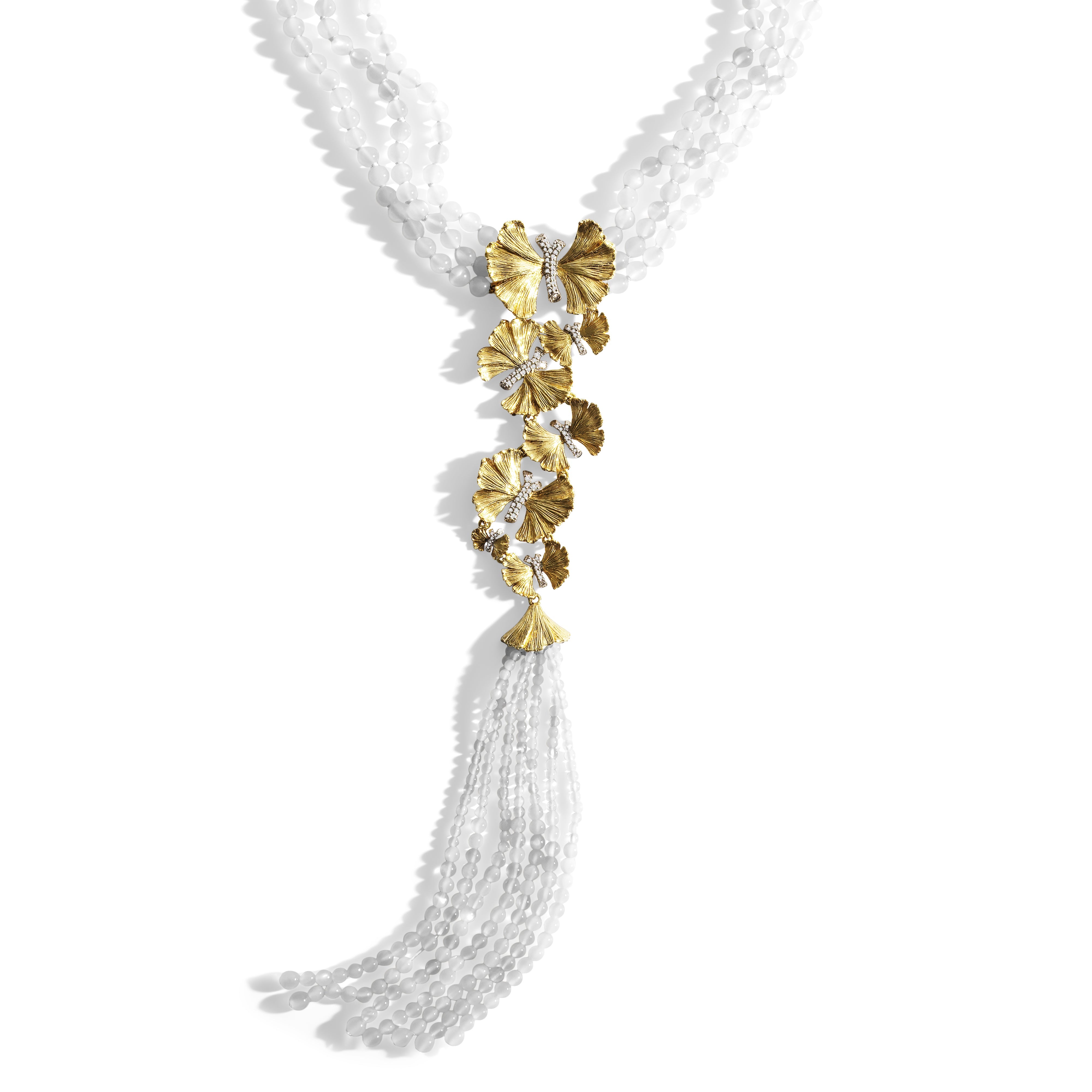 Butterfly Ginkgo Tassel Necklace with Moonstone and Diamonds