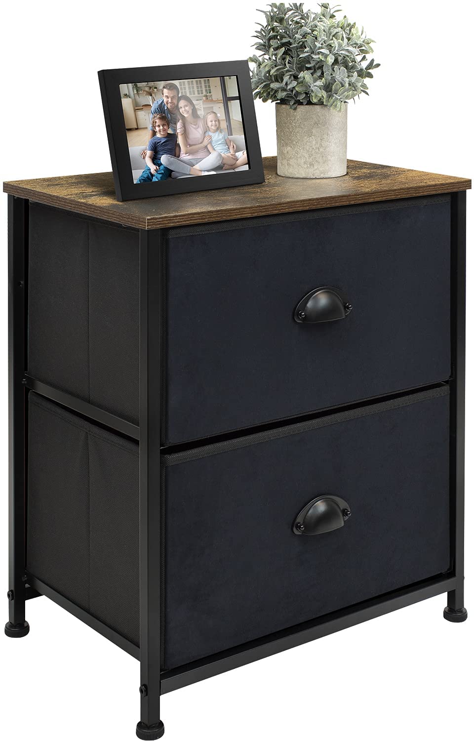 Sorbus Nightstand - 2 Drawer Fabric Dresser, Small Dressers for Bedroom, Storage Organizer Dresser for Home, Hallway, Office, College Dorm, Steel Frame, Rustic Wood Top, (Black)