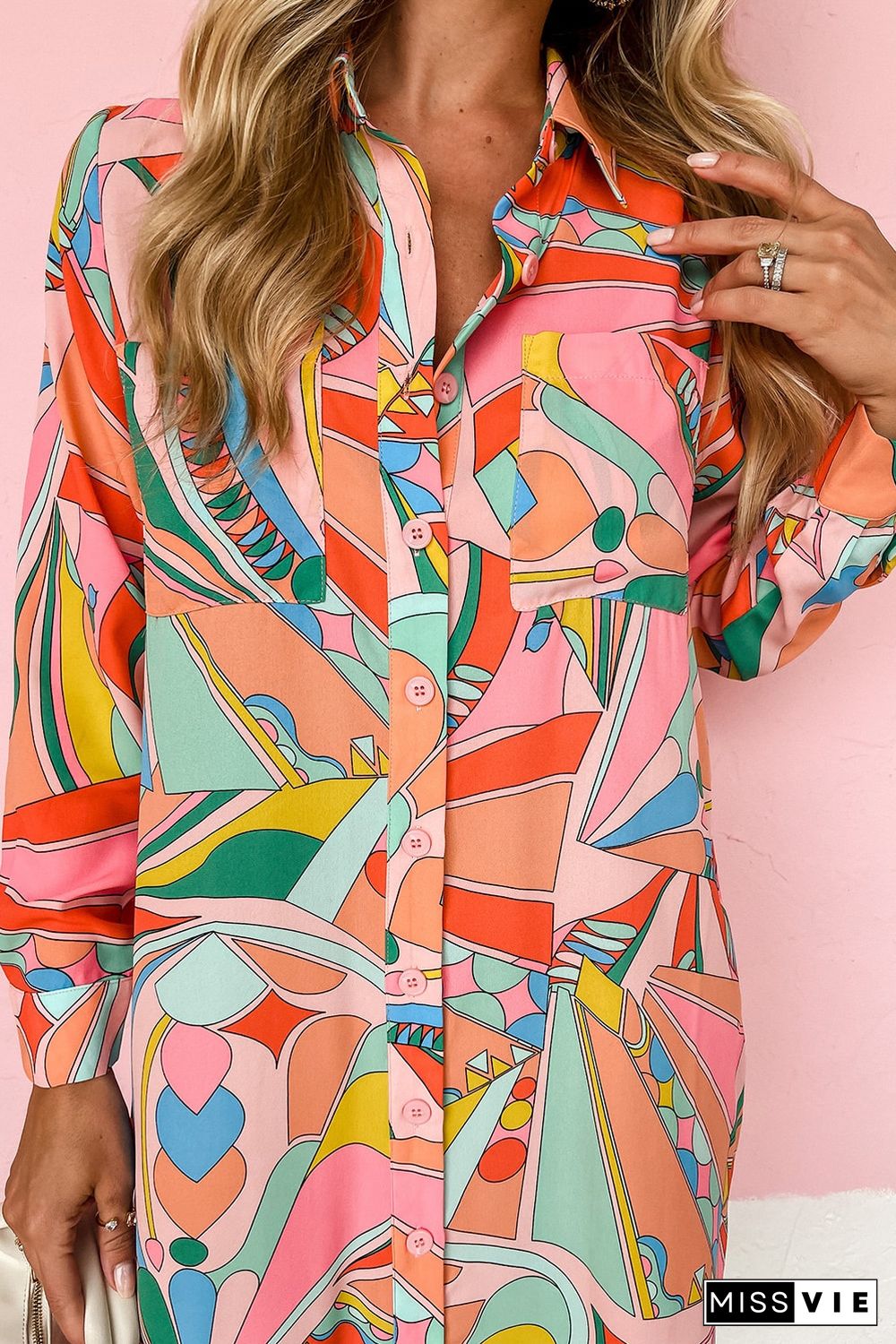 Multicolor Geometric Abstract Print Long Sleeve Shirt Dress