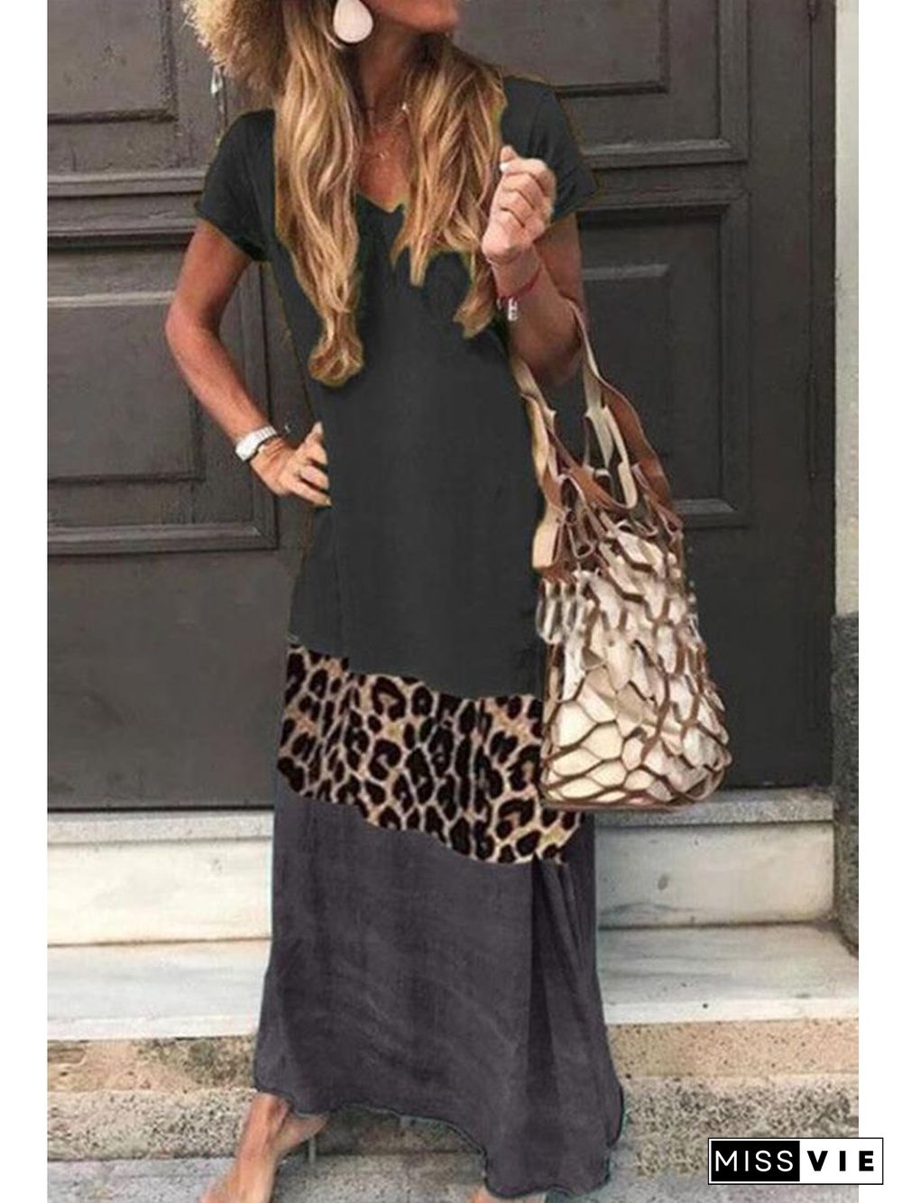 Leopard Printed Contrasted V-neck Maxi Dress (4 Colors) P13169