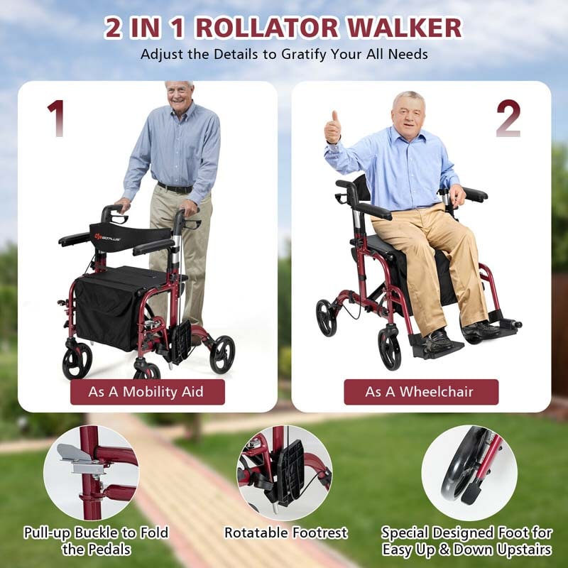 2 in 1 Rollator Walker Wheelchair Folding Medical Walker Rolling Transport Chair Mobility Walking Aid