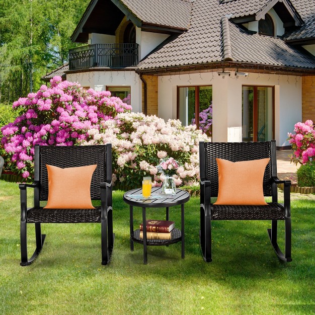 Tangkula 3 piece Wicker Rocking Bistro Set Outdoor Conversation Set With Coffee Table