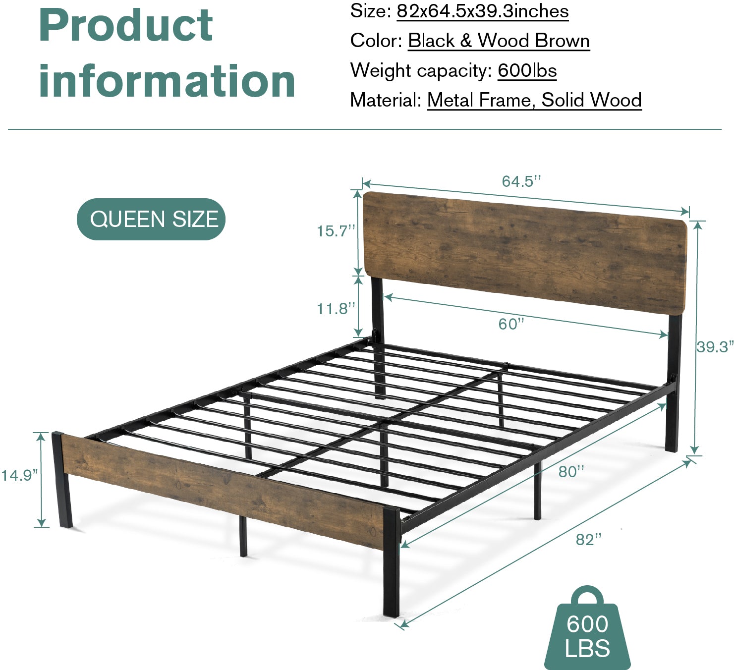 Amolife Queen Size Metal Platform Bed Frame with Industrial Wood Headboard and Metal Slats