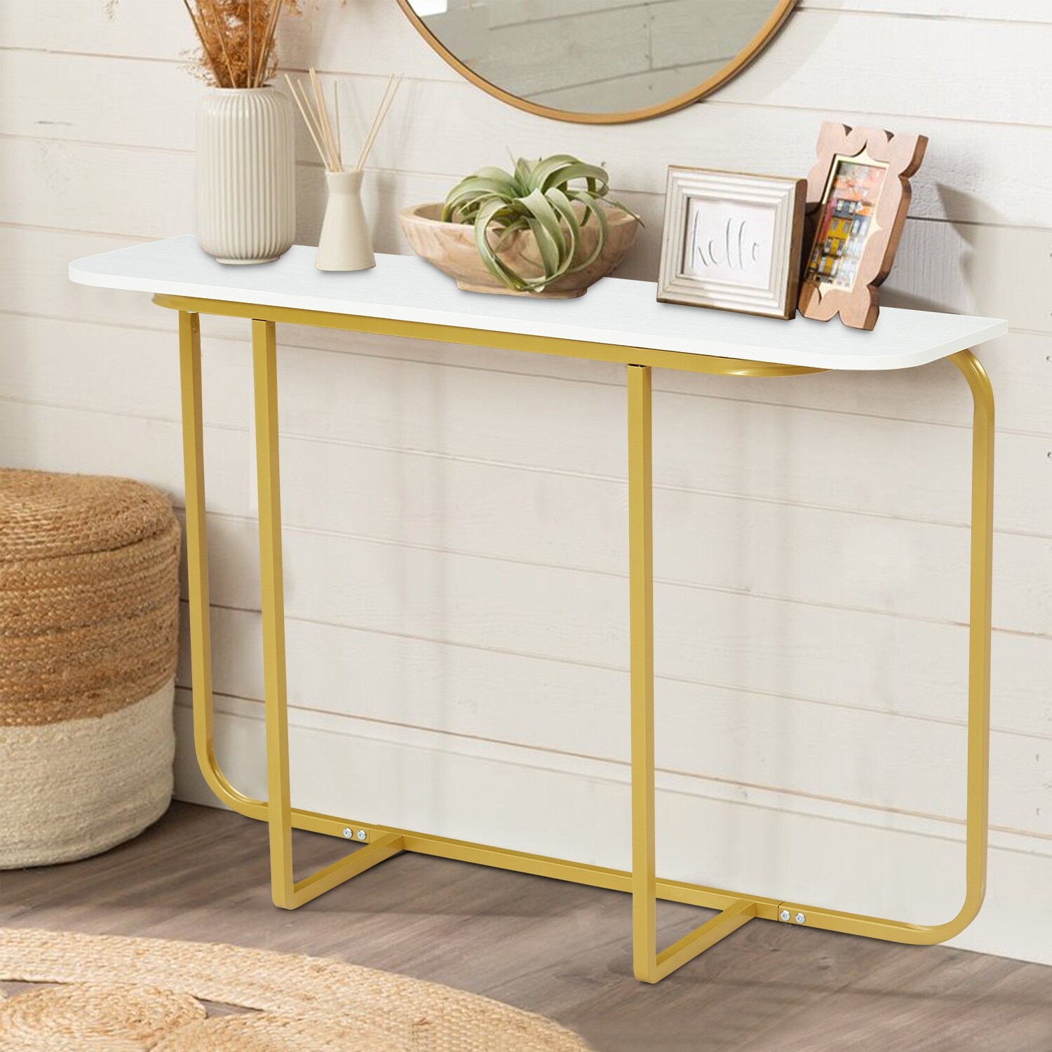 Curved Entryway Accent Table， Console Table w/ Metal Frame， Entryway End Table for Living Room Hallway Corridor