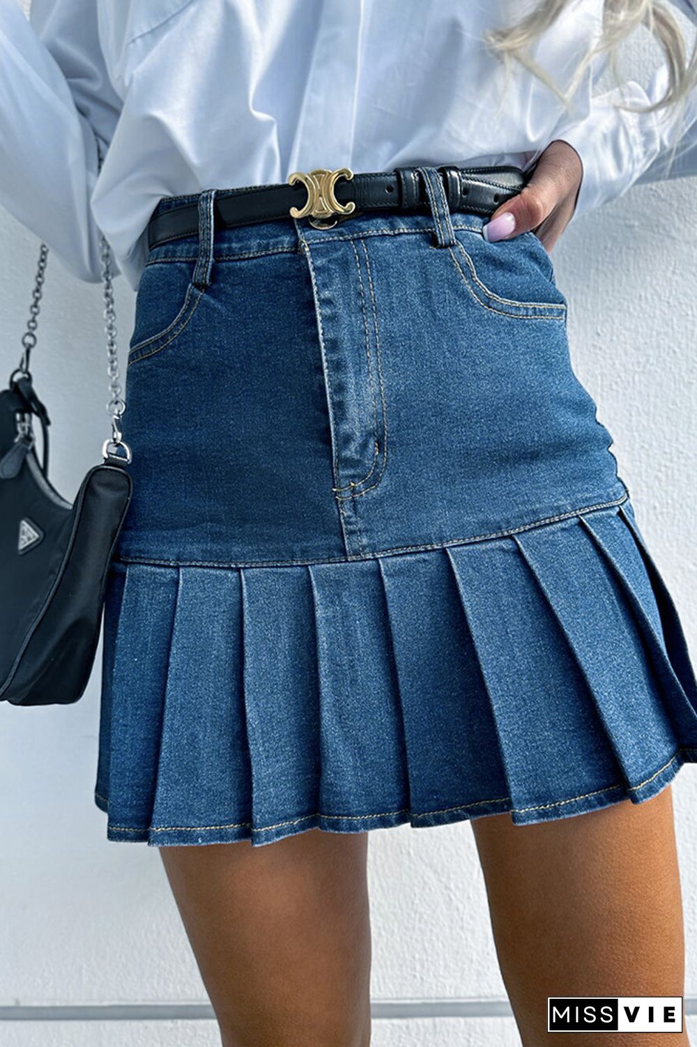 Pleated Short Denim Dress Skirt