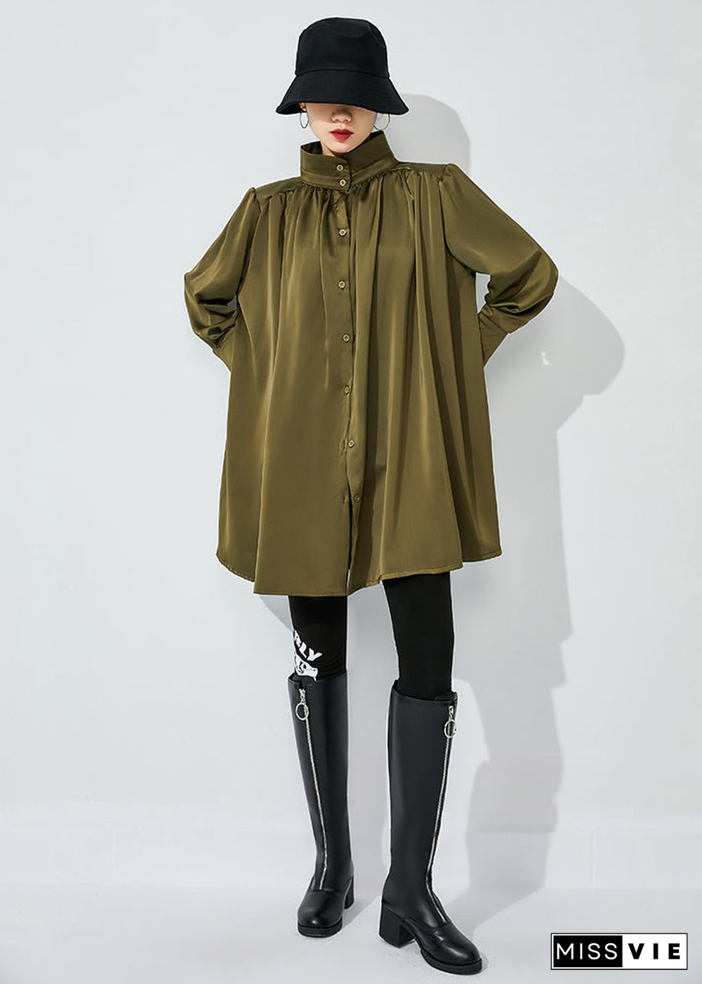 Army Green Draping Silk Shirt Top Oversized Wrinkled Spring