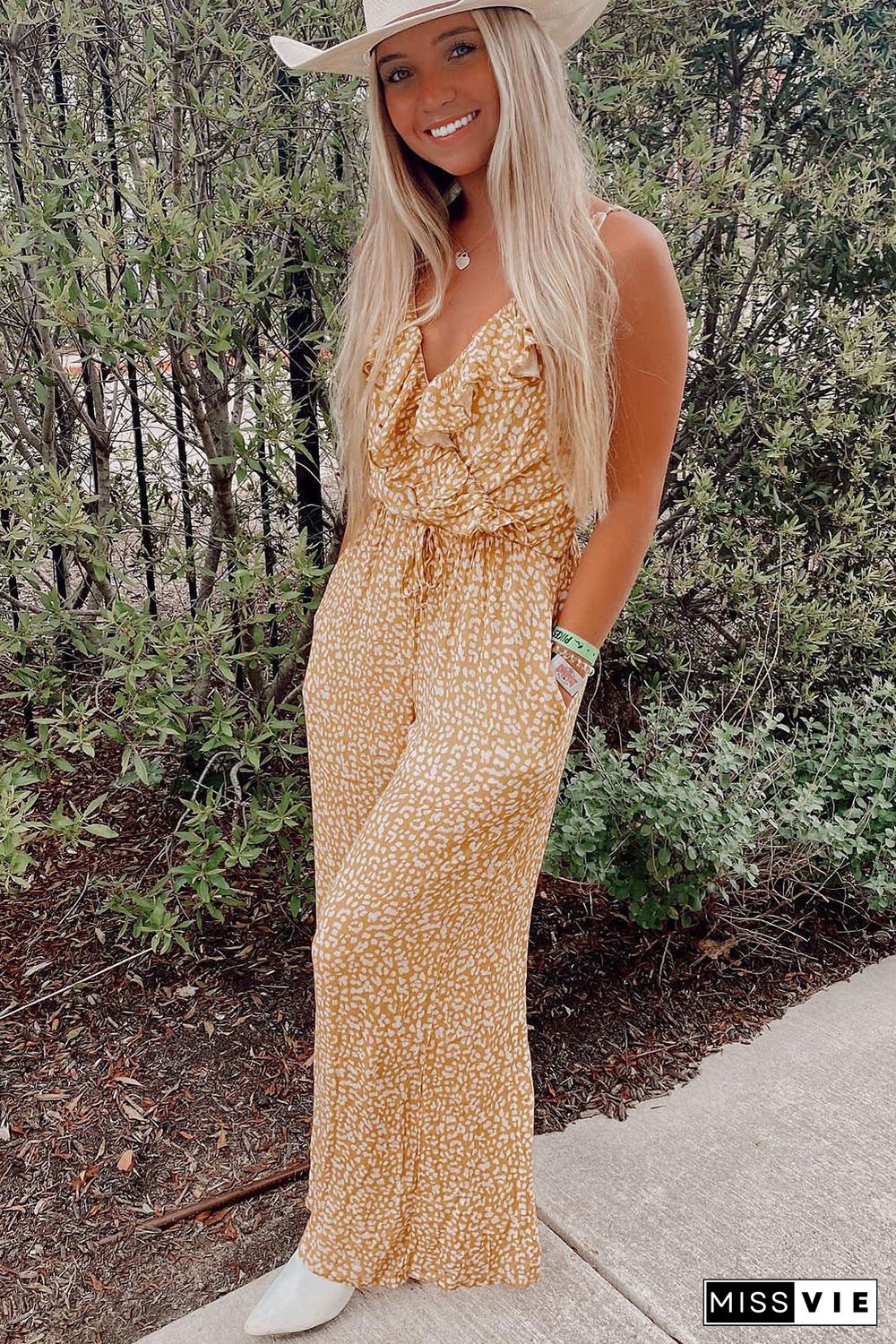 Yellow Leopard Print Drawstring Ruffled V Neck Jumpsuit