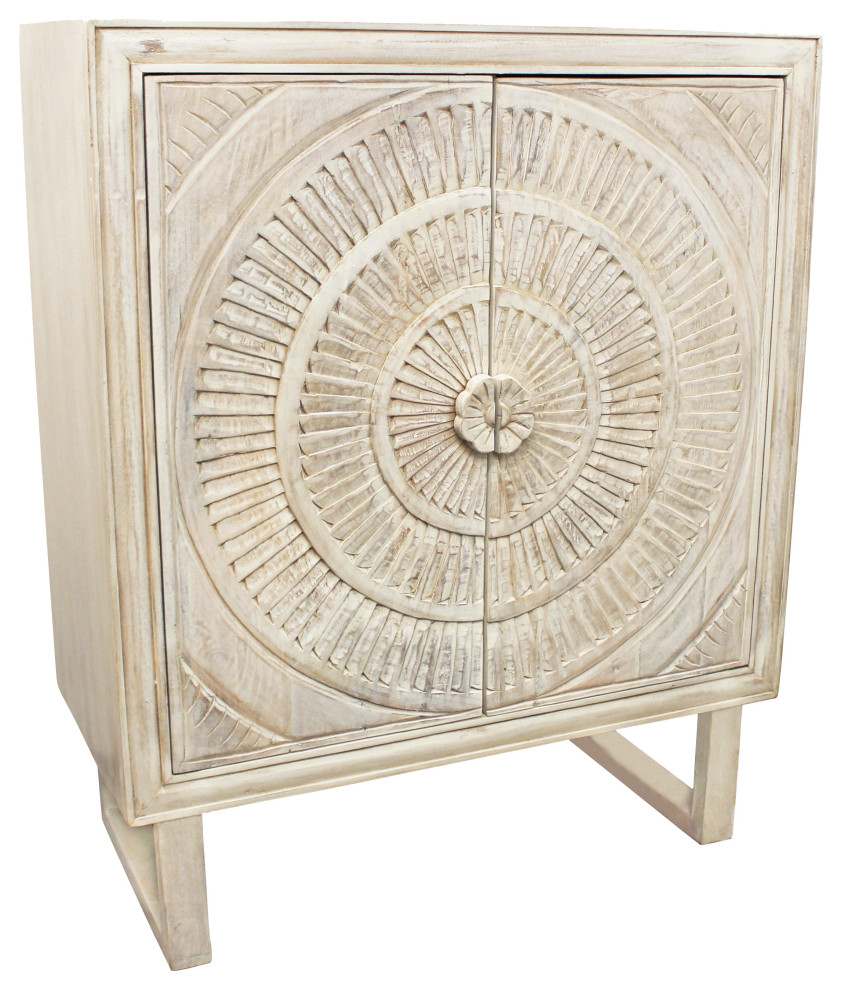 Albert Cabinet  2 Hand Carved Doors  White Distressed Finish   Farmhouse   Accent Chests And Cabinets   by Moti  Houzz