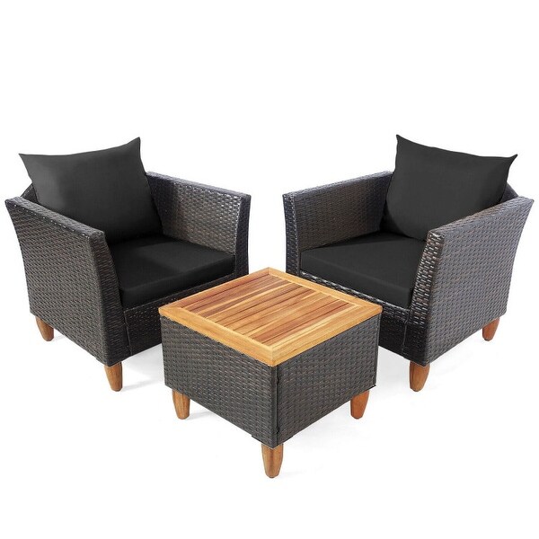 3 Pieces Patio Rattan Bistro Furniture Set with Wooden Table Top