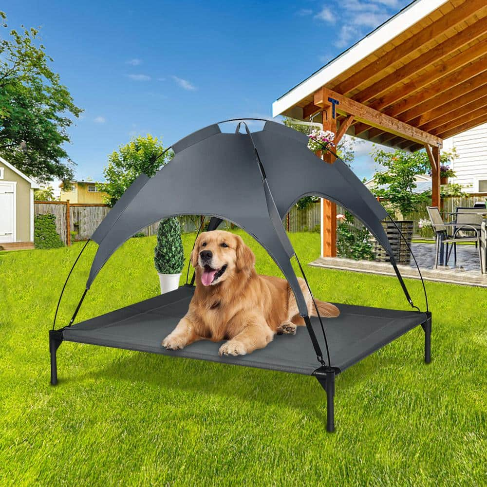 WELLFOR 41.5 in. Extra-Large Gray Metal Bed Portable Outdoor Elevated Pet Bed Cooling Dog Cot with Removable Canopy Shade PS-HWY-7353-XL