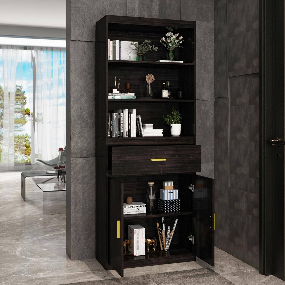 FUFUGAGA 70.8 in. H Coffee Brown Wood 3-Shelf Bookcase Bookshelf With 2-Door Cabinet and Drawer KF200127-01-KPL