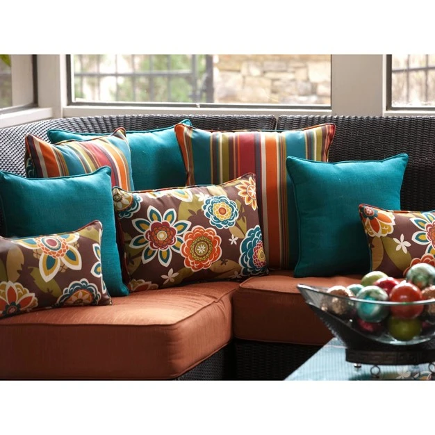 Outdoor 2 piece Reversible Square Toss Pillow Set Brown turquoise Floral stripe