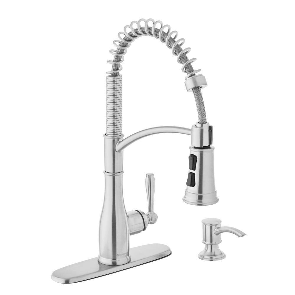 Glacier Bay Mandouri Single-Handle Spring Neck Pull-Down Kitchen Faucet with Soap Dispenser in Stainless Steel HD67458-1308D2