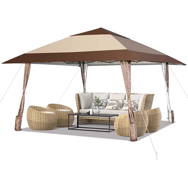 13 x 13 FT 2-Tier Pop-Up Gazebo Tent with 4 Curtains & Wheels, Instant Outdoor Canopy Shelter with Carry Bag