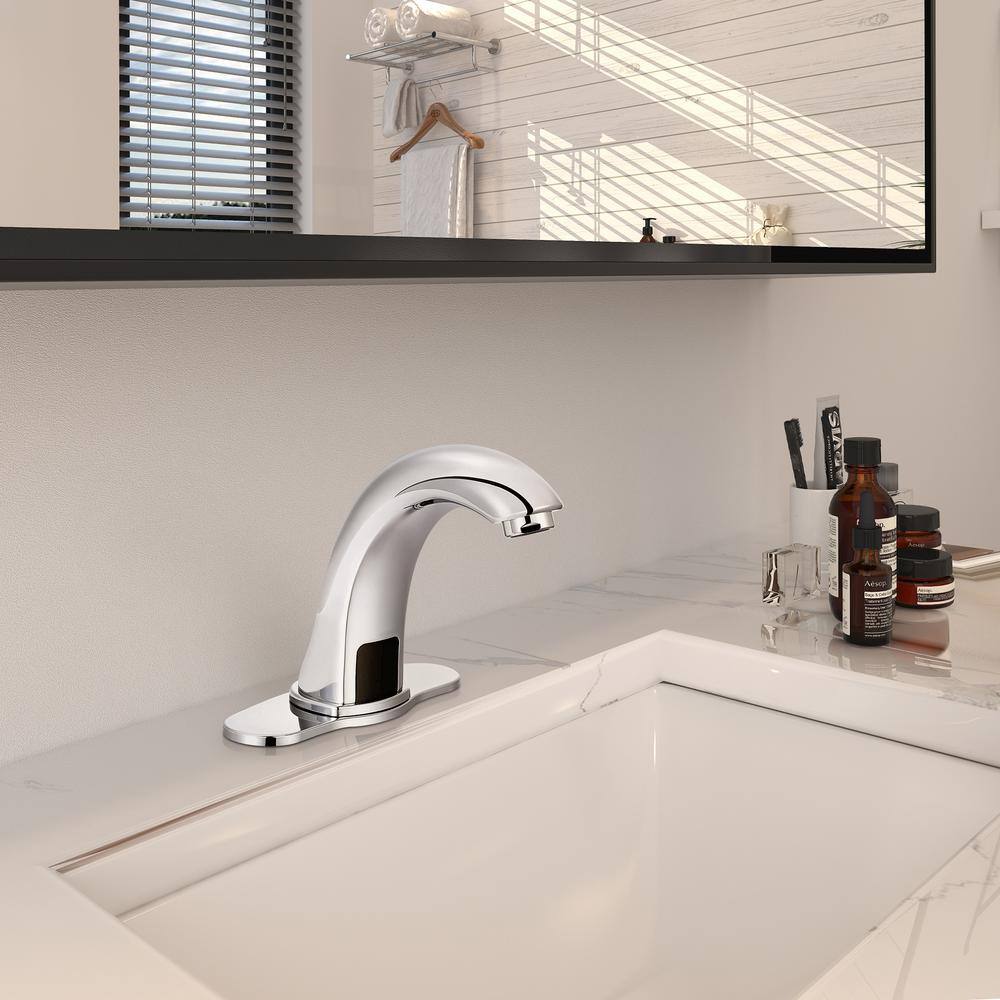 Mondawe Hands-Free SensorTouchless Single Hole Bathroom Faucet in Chrome with Deck Plate and Valve MD-S877BN