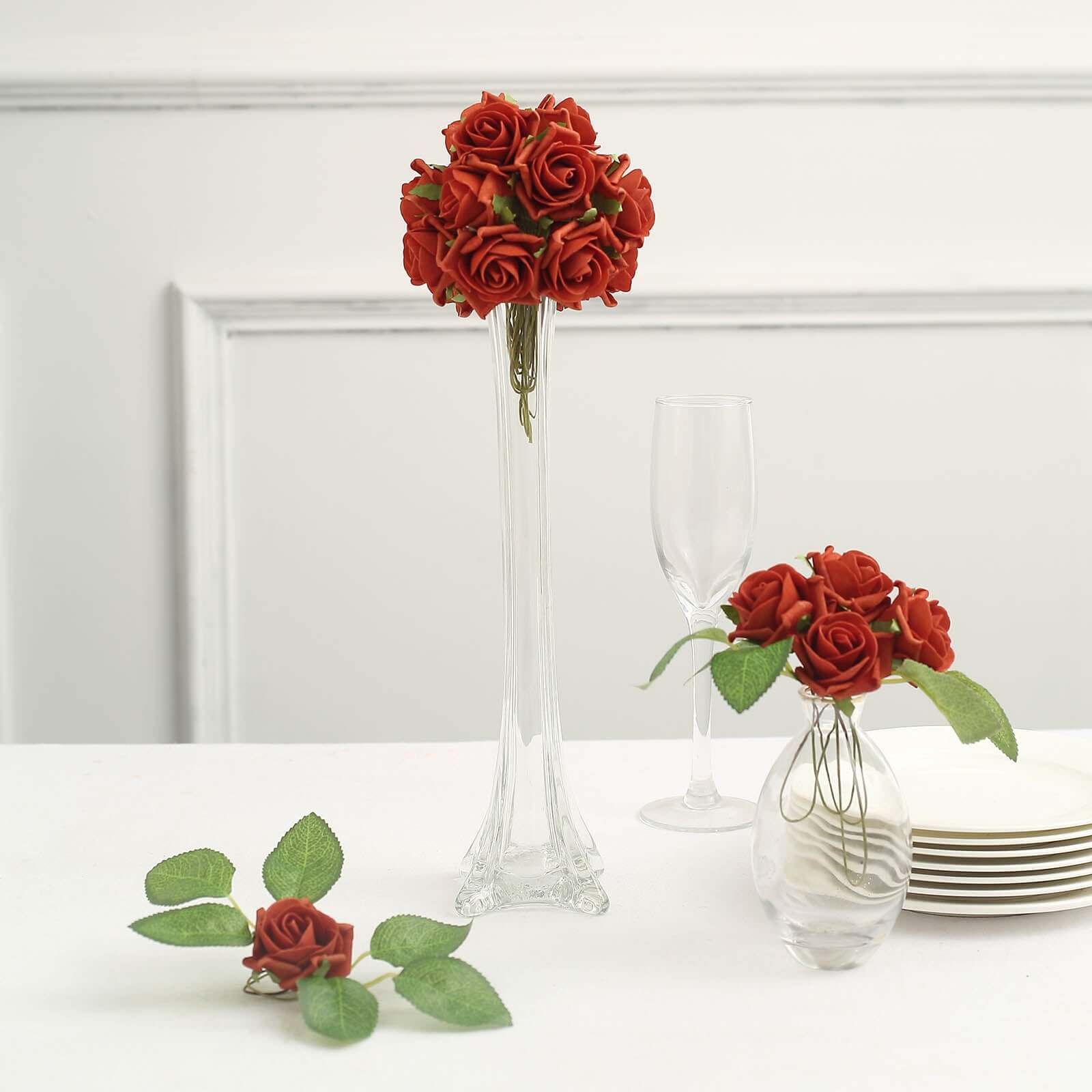 24 Roses Terracotta (Rust) Artificial Foam Flowers With Stem Wire and Leaves 2