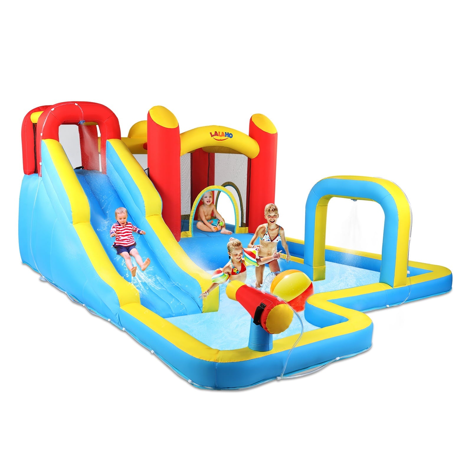 Track 7 Inflatable Bounce House,Inflatable Water Slide,Splash Pool,Climbing Wall,Trampoline,Basketball Hoop,Age 3+,Air Blower