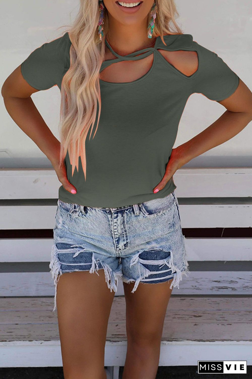 Plain Short Sleeve Cut Out T-Shirt