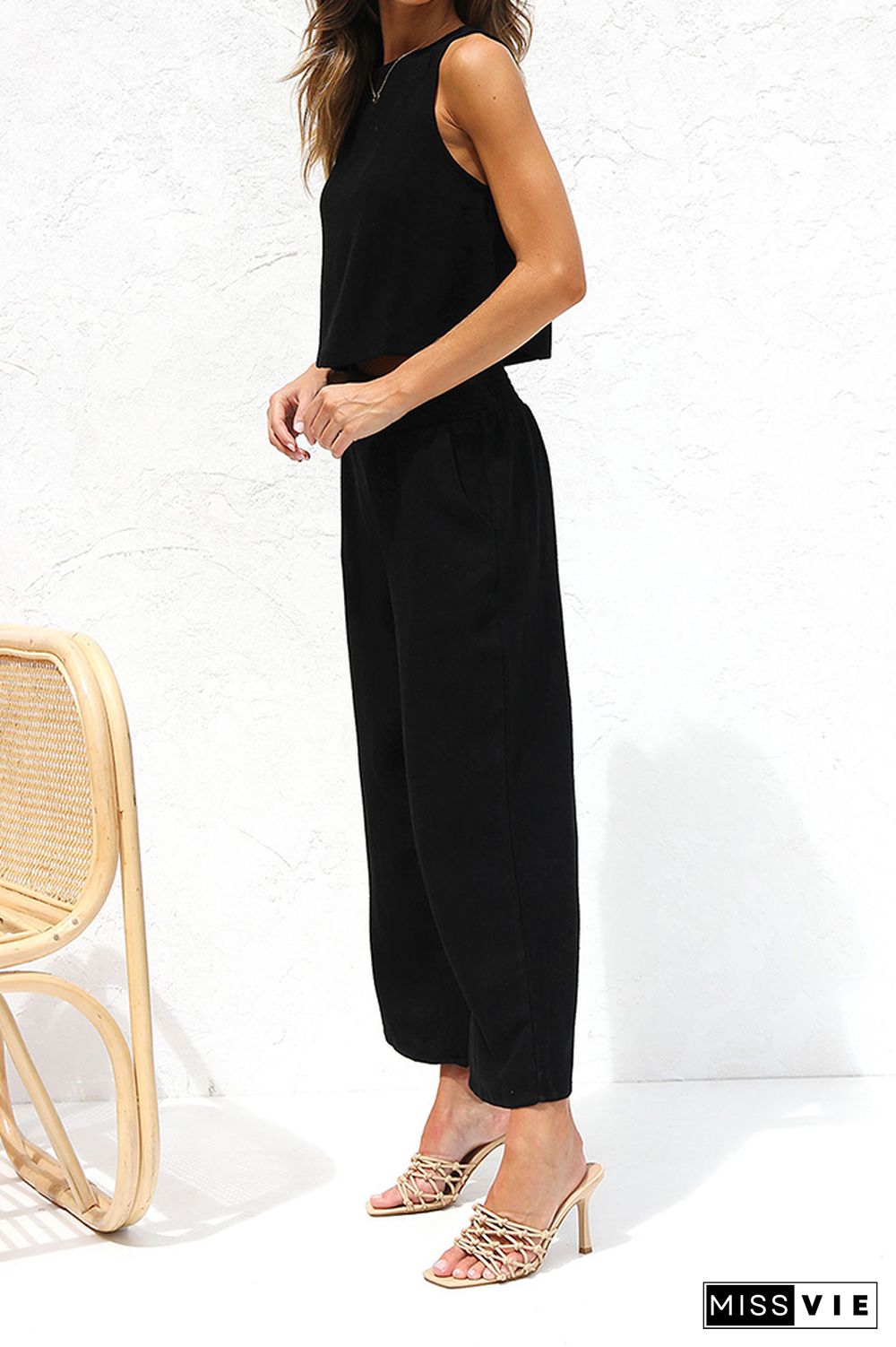 Plain Lien Tank Top With Wide Leg Pants 2pcs Set