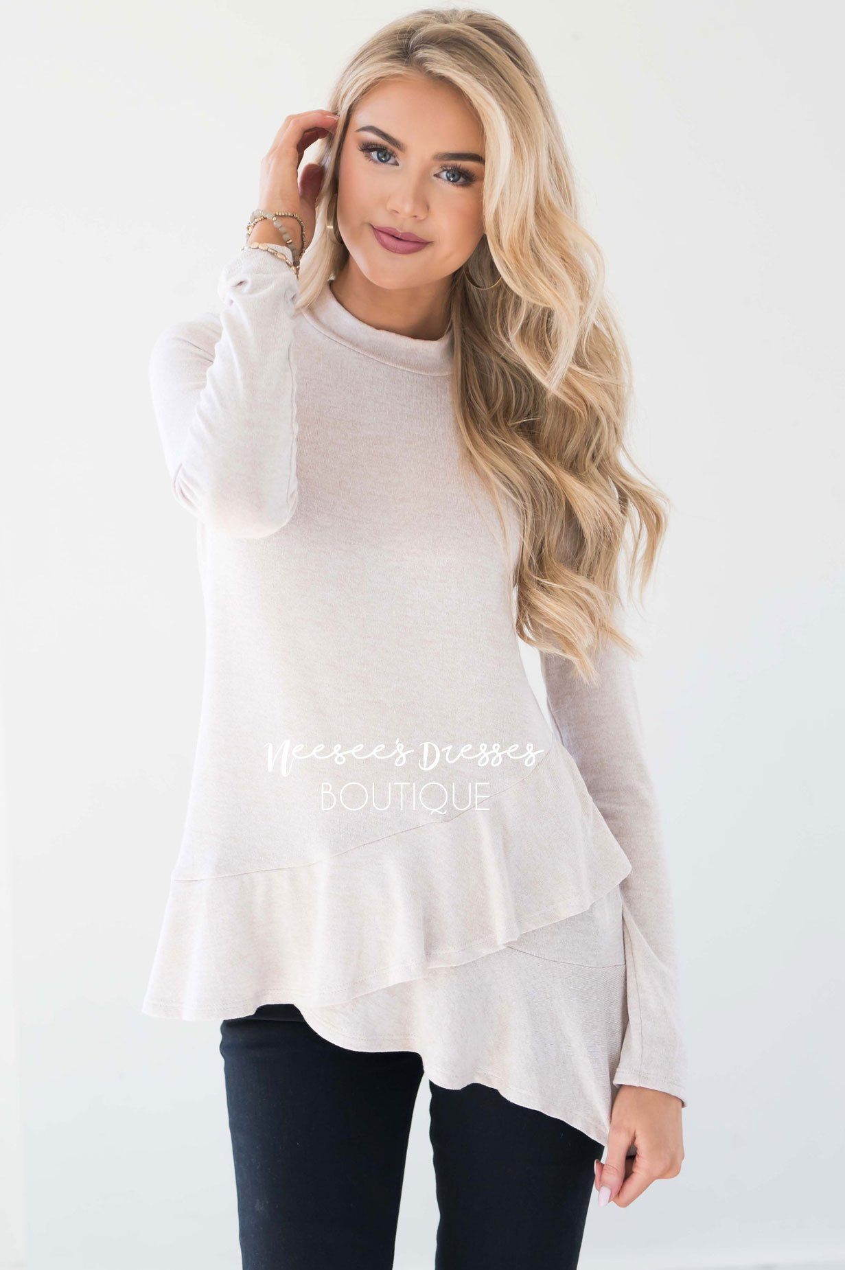 Heather Cream Double Ruffle Hem Sweater