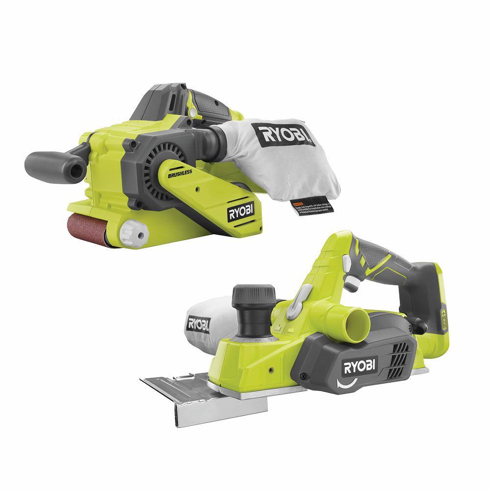 RYOBI ONE+ 18V Cordless 2-Tool Combo Kit with Brushless 3 in. x 18 in. Belt Sander  3-14 in. Planer w Dust Bag (Tools Only) P450-P611