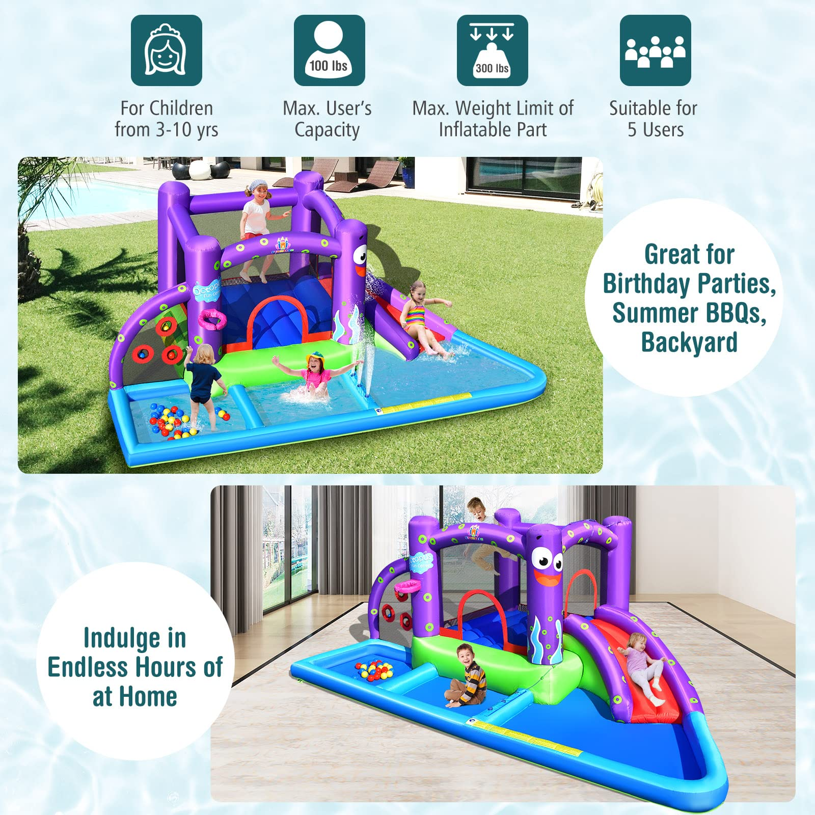 Inflatable Water Slide, 6 in 1 Kids Water Slide Jumping Bouncer Castle