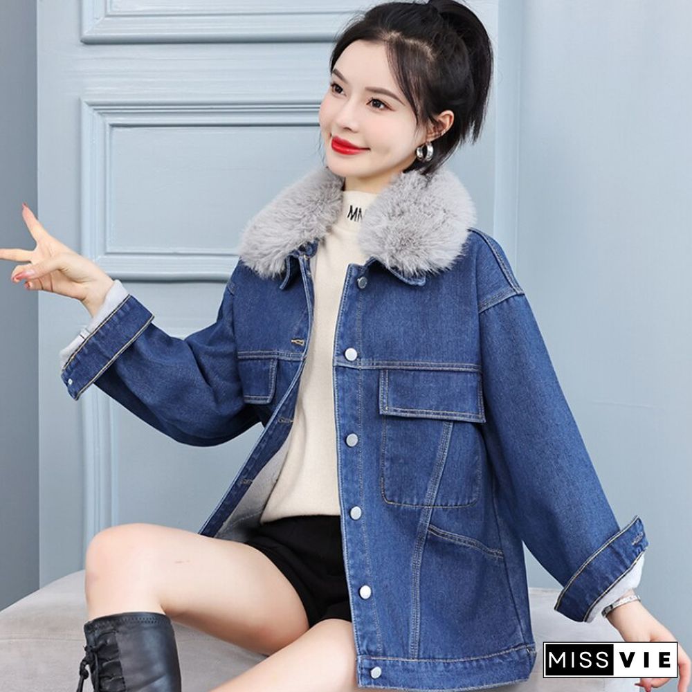 Heart Print Denim Jacket Women Winter Fashion Fur Collar Jeans Jacket Students Casual Thick Oversized Coat Outwear