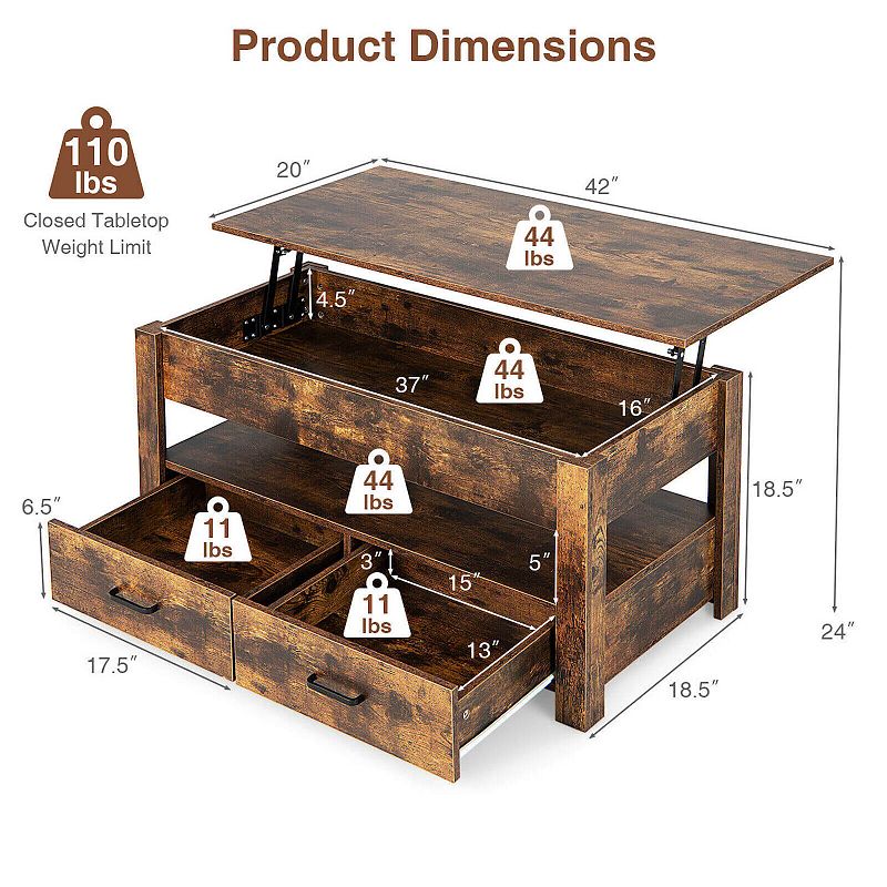 💝(LAST DAY CLEARANCE SALE 70% OFF)Lift Top Coffee Table with 2 Storage Drawers and Hidden Compartment-Rustic Brown