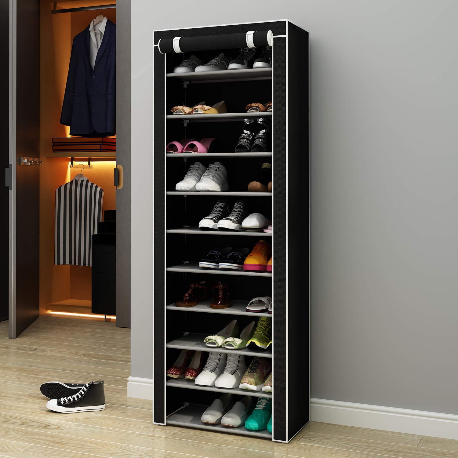 Zimtown 10 Tiers 9 Lattices Shoe Rack Shelf Storage Closet Organizer Cabinet Black