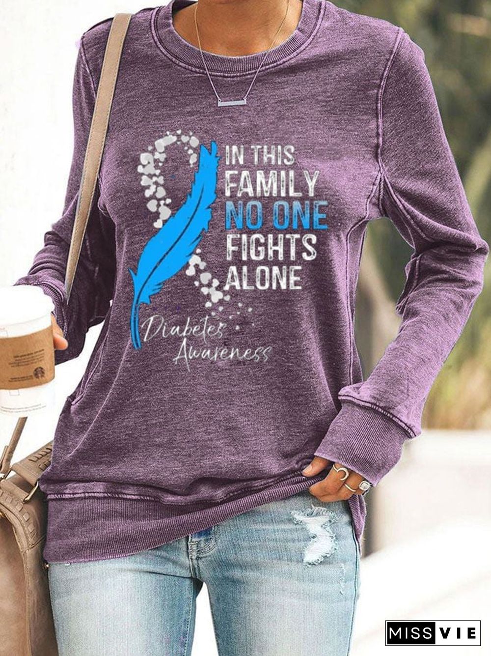 Women's In This Family No One Fights Alone Diabetes Awareness Print Casual Sweatshirt