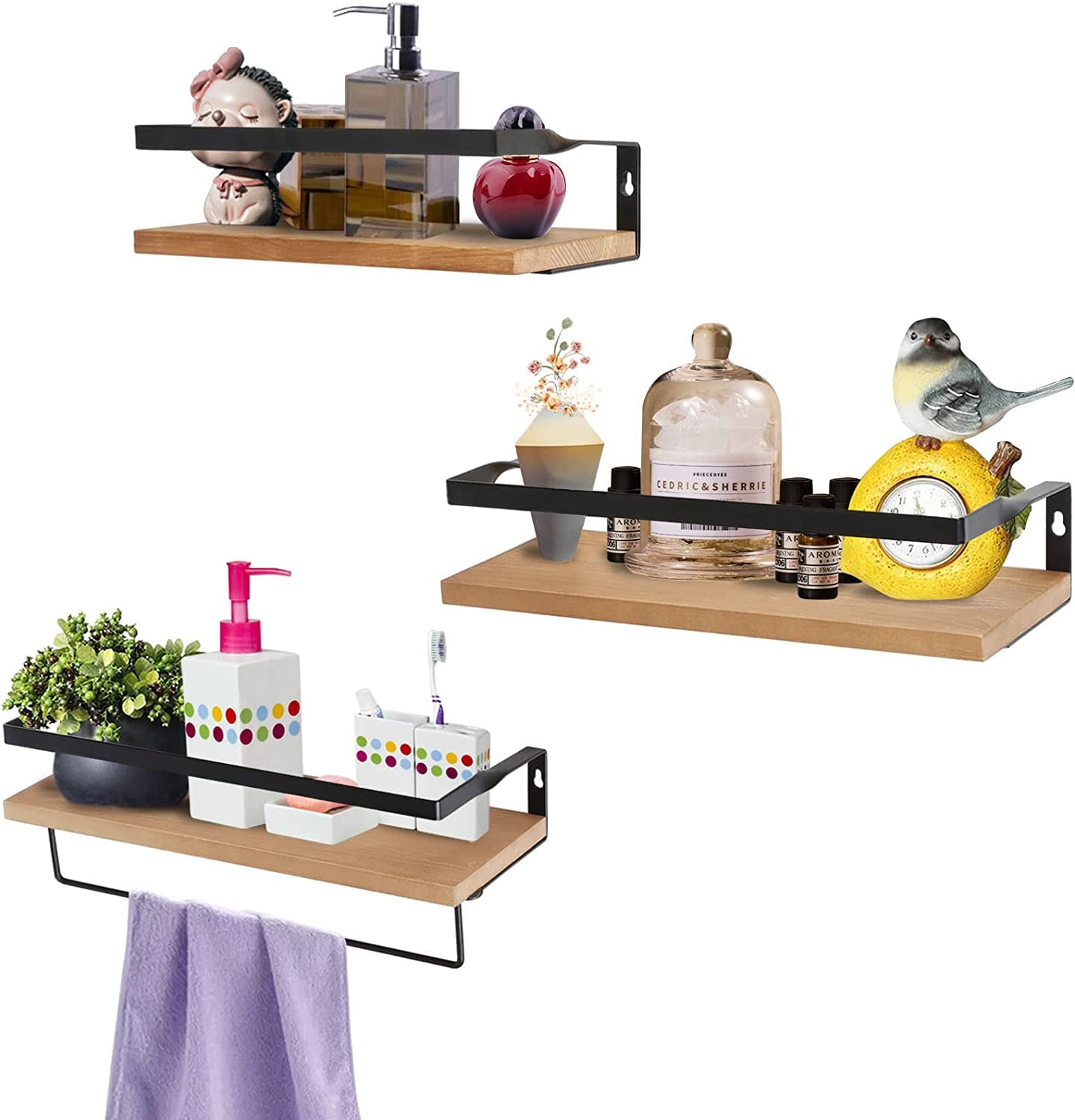 Crzdeal Floating Shelves with Rail & Towel Rack, Set of 3, Wood Wall Mounted,11.3''X5.6''X2.9''