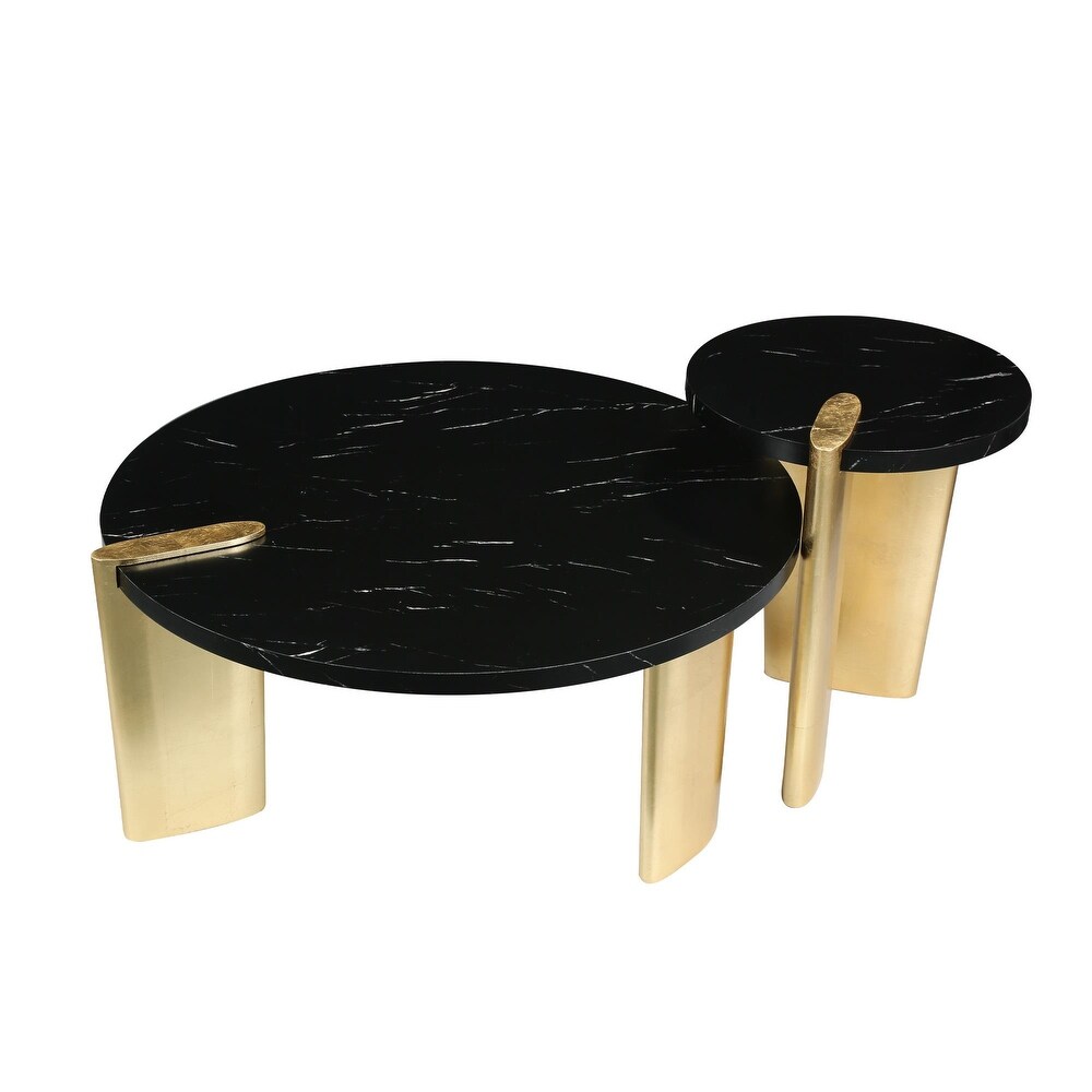 Modern Black Round Coffee Table Set Cocktail Table with Marble Table Top   37''D x 17\