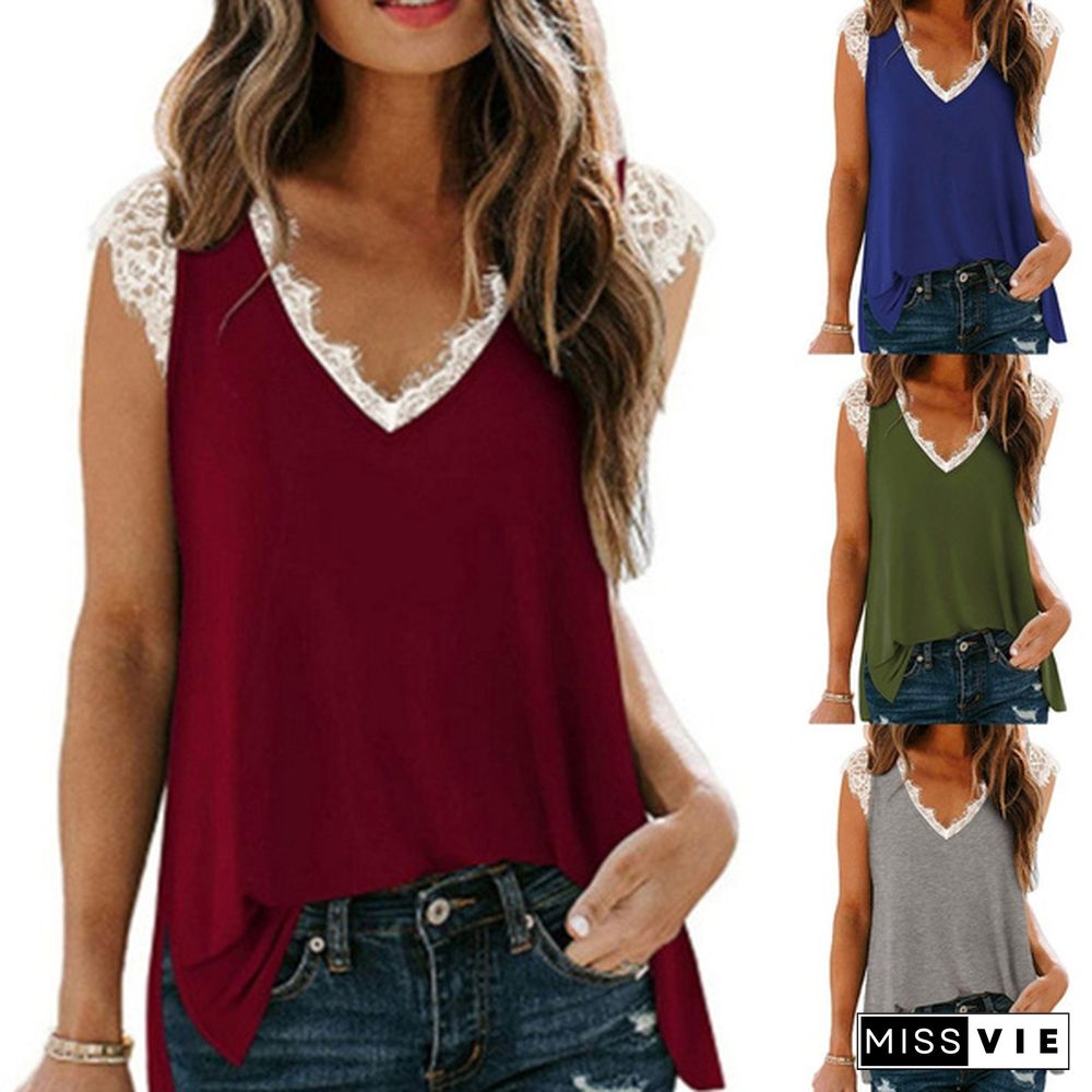 Women's Fashion V-Neck Sleeveless Tank Tops Casual Sold Color Chiffon Tops Lace Patchwork Shirts Summer Camisole Vest Ladies Loose Plus Size Blouses