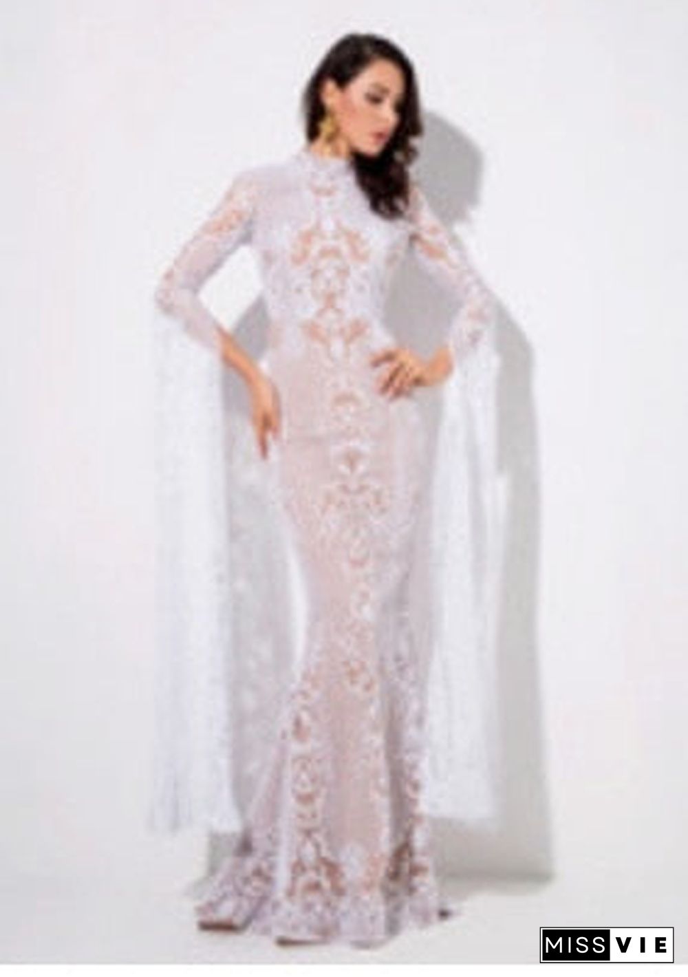 Rose Gold Cut Out Speaker Long Sleeve Geometry Glitter Glued Long Dress LM80950