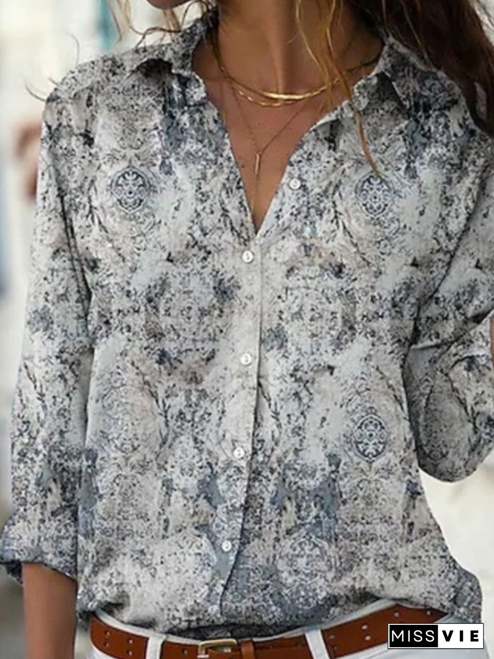 Casual Long Sleeve Shirt Collar Plus Size Printed Blouses