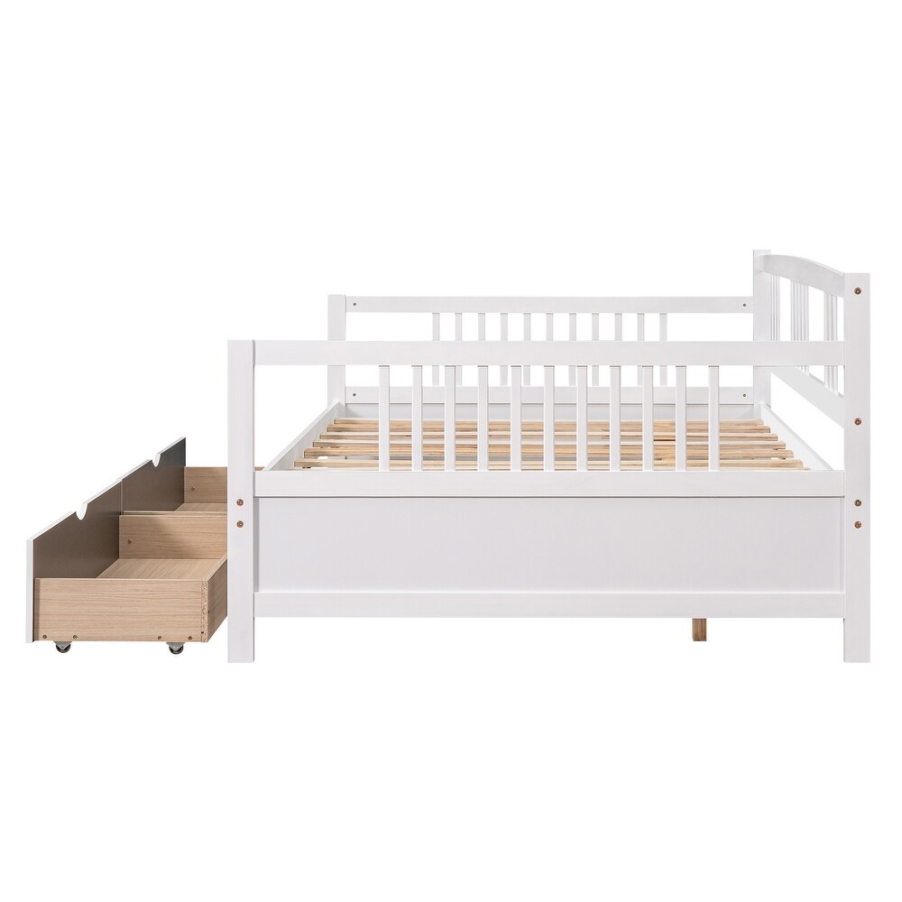 Twin Size Wood Daybed with 2 Storage Drawers and 3 Side Guardrail  Wood Kid's Bed with Wood Slats for Bedroom