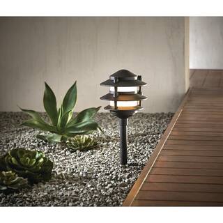 Hampton Bay Elmore Low Voltage Black Outdoor Integrated LED 3-Tier Metal Landscape Path Light with Frosted Plastic Lens L03177