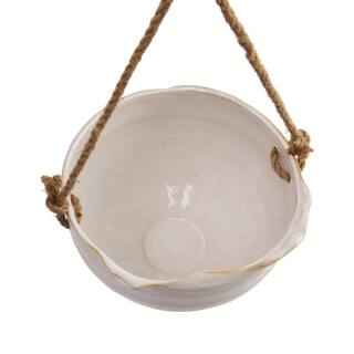 Storied Home White Ceramic Round Hanging Baskets with Wood Beaded Rope AH2816