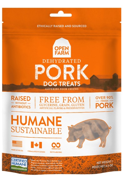 OPEN FARM DEHYDRATED GRAIN FREE PORK DOG TREATS;