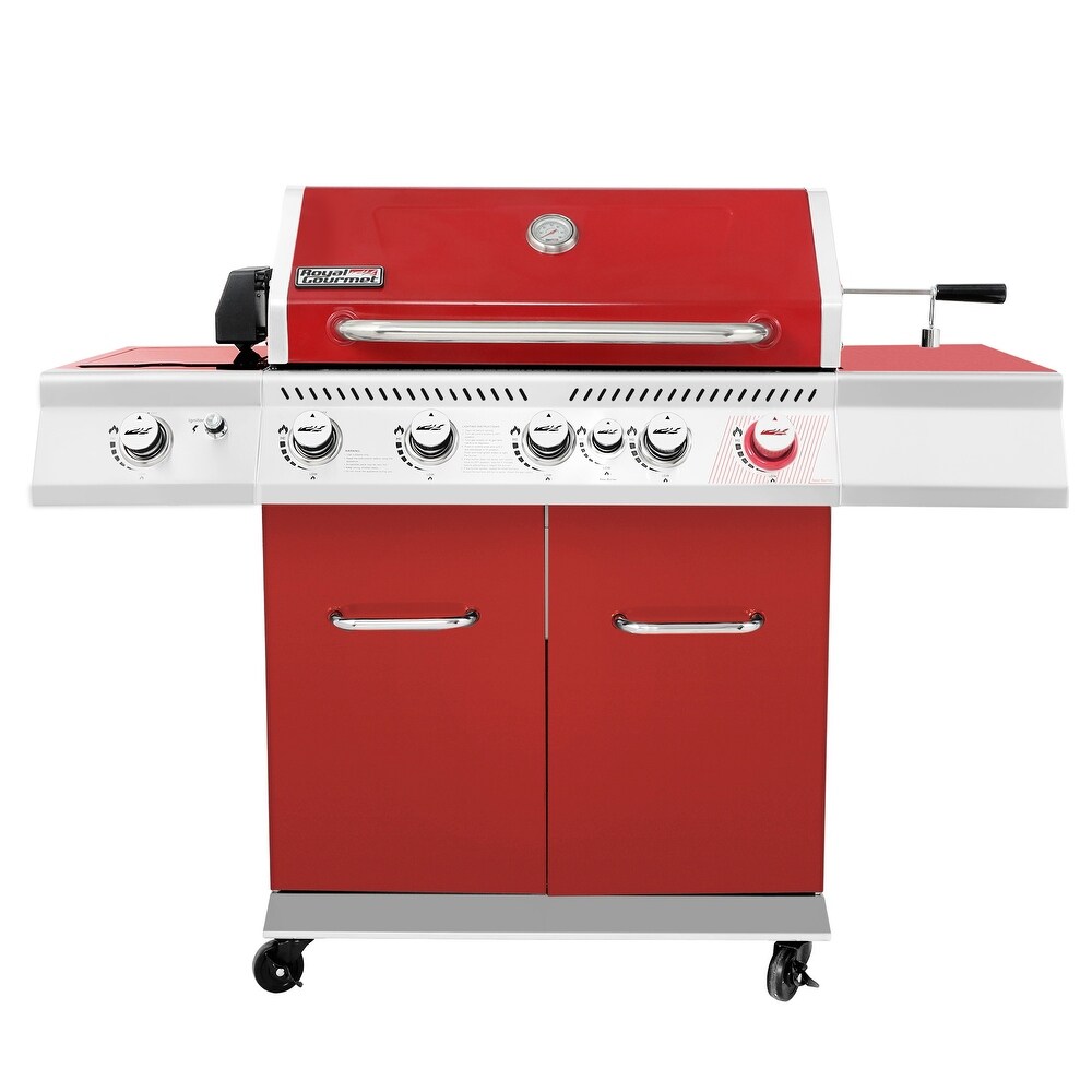 Royal Gourmet 5 Burner Cabinet Style Gas Grill with Rotisserie Kit  Sear Burner Coffee/Red