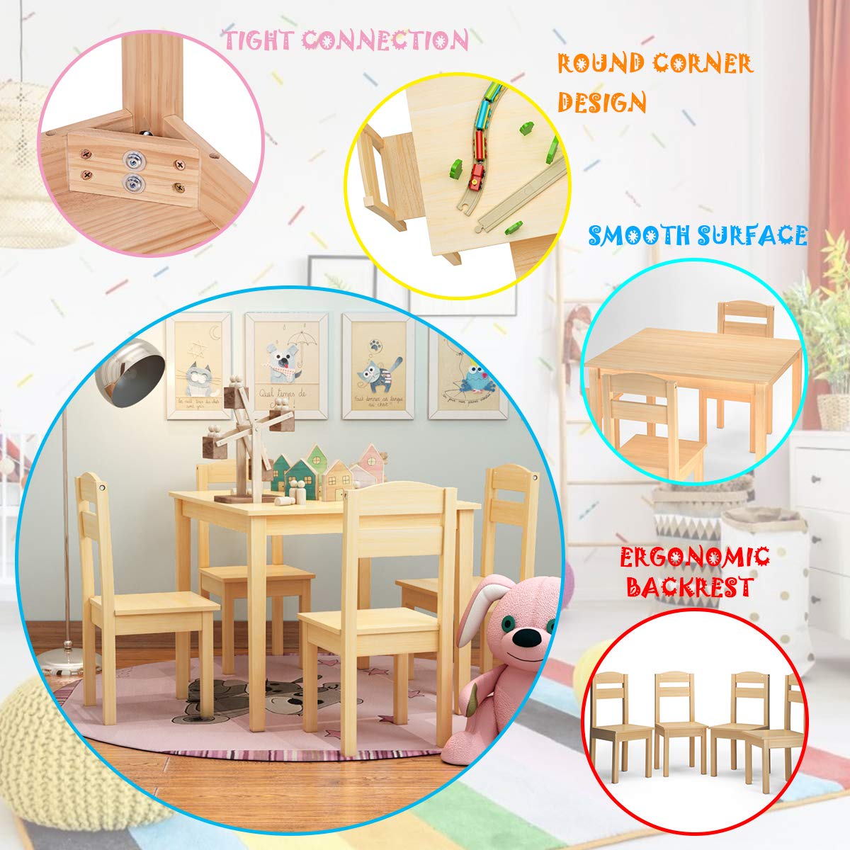 Costzon Kids Table and Chair Set, 5 Piece Wood Activity Table & Chairs (Natural)