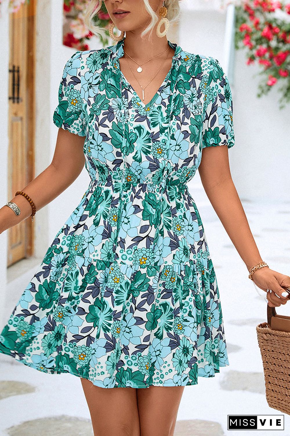 Frill Neck High Waist Floral Dress