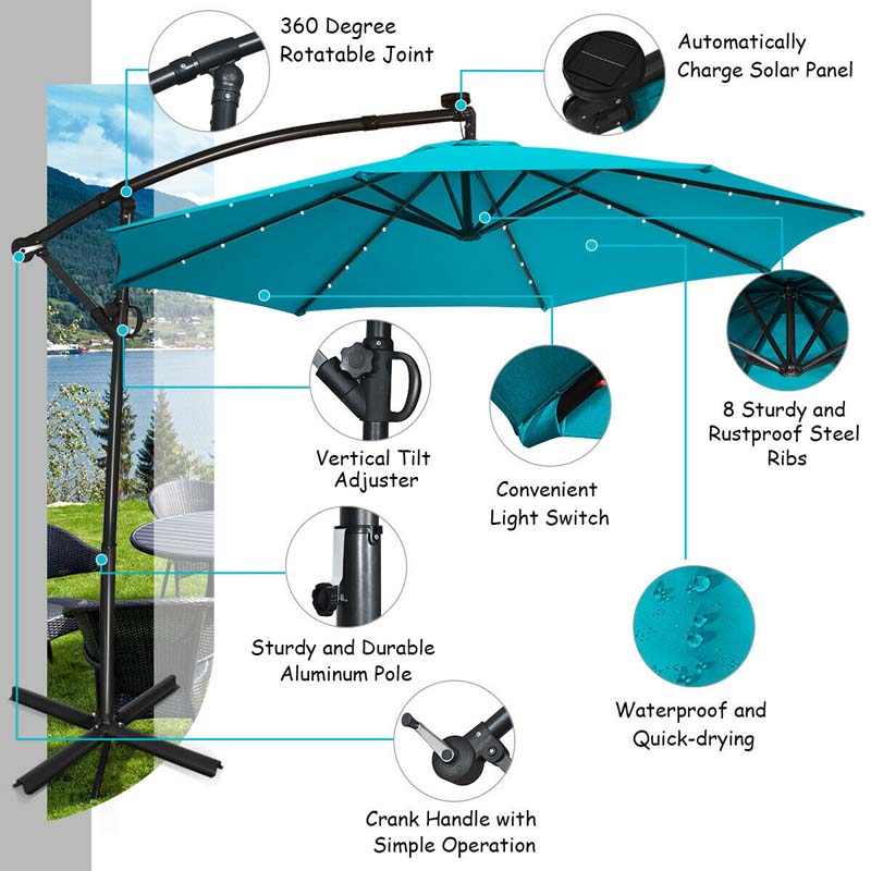 10 FT Patio Offset Umbrella with Solar Lights 360° Rotation Outdoor Market Umbrella with Crank Handle & Cross Base