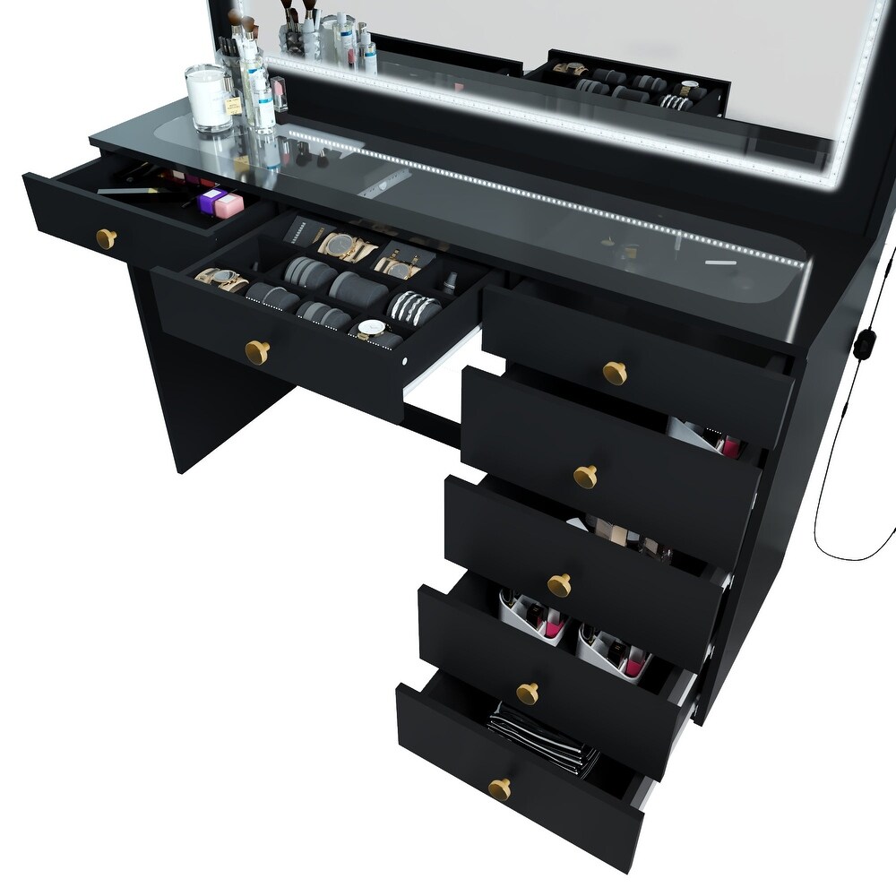 Boahaus Theia Modern Black Vanity Desk  7 Drawers