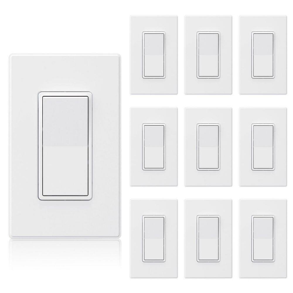 ELEGRP Decorator 15 Amp 120-Volt 3 Way Rocker AC Quiet Light Switch with Wall Plate Matt White (10-Pack) ES005A-0110SWP