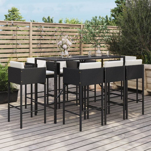 vidaXL Patio Bar Set 9 Piece Table and Stool with Cushions Black Poly Rattan   Tropical   Outdoor Pub And Bistro Sets   by vidaXL LLC  Houzz